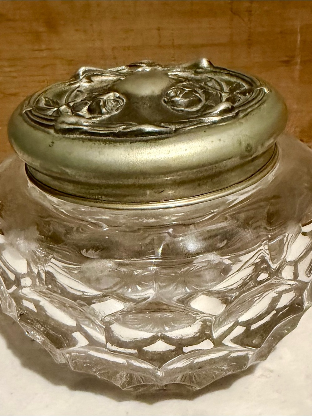 Antique Cut Pressed Glass Powder Trinket Dresser Vanity Jar Embossed Metal Lid